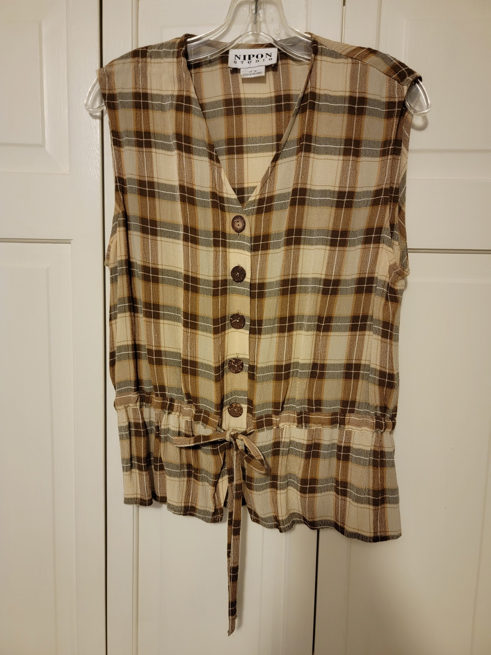 Vintage Nipon Studio Plaid Tie-Waist Blouse in Brown & Tan Size 12 Like New